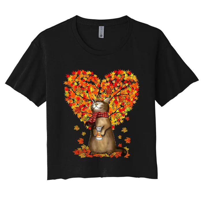 Autumn Cat Lover Celebrating Thanksgiving with Falling Leaves Women's Crop Top Tee