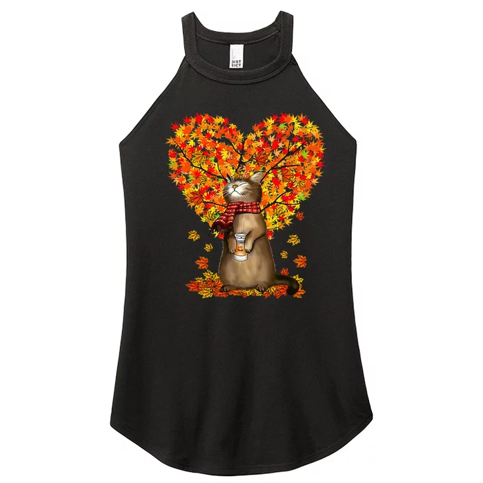 Autumn Cat Lover Celebrating Thanksgiving with Falling Leaves Women’s Perfect Tri Rocker Tank