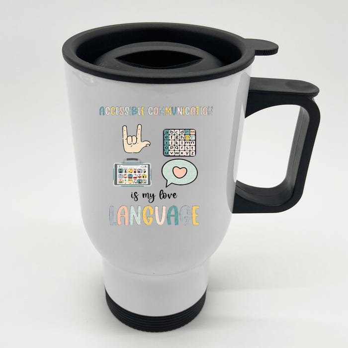 Accessible Communication Love Language AAC SLP Valentines Front & Back Stainless Steel Travel Mug