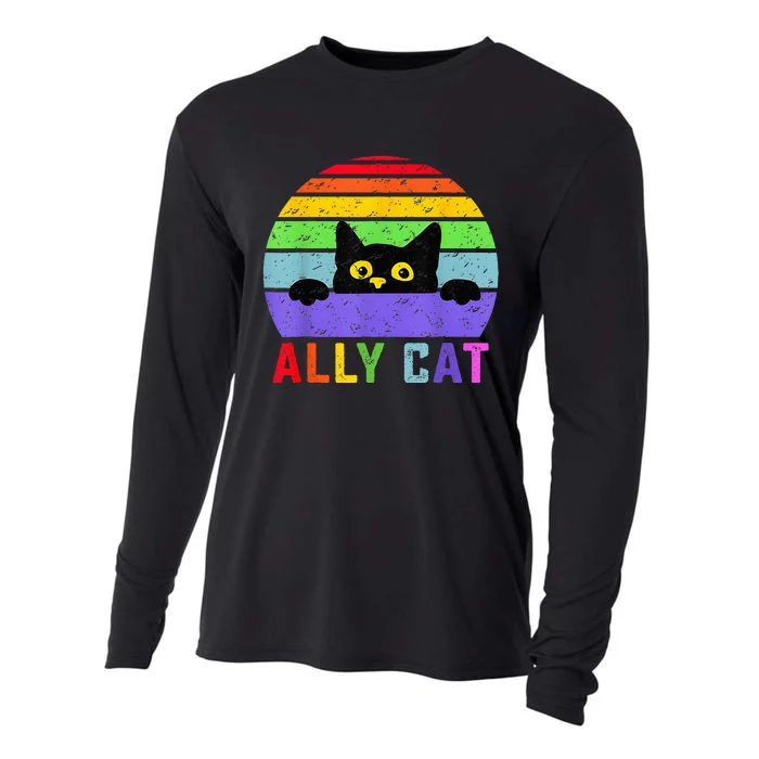 Ally Cat LGBT Gay Rainbow Pride Flag Funny Cat Lover Cooling Performance Long Sleeve Crew