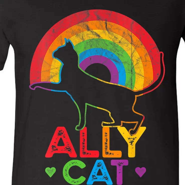 Ally Cat LGBT Pride Ally Cat With Rainbow V-Neck T-Shirt