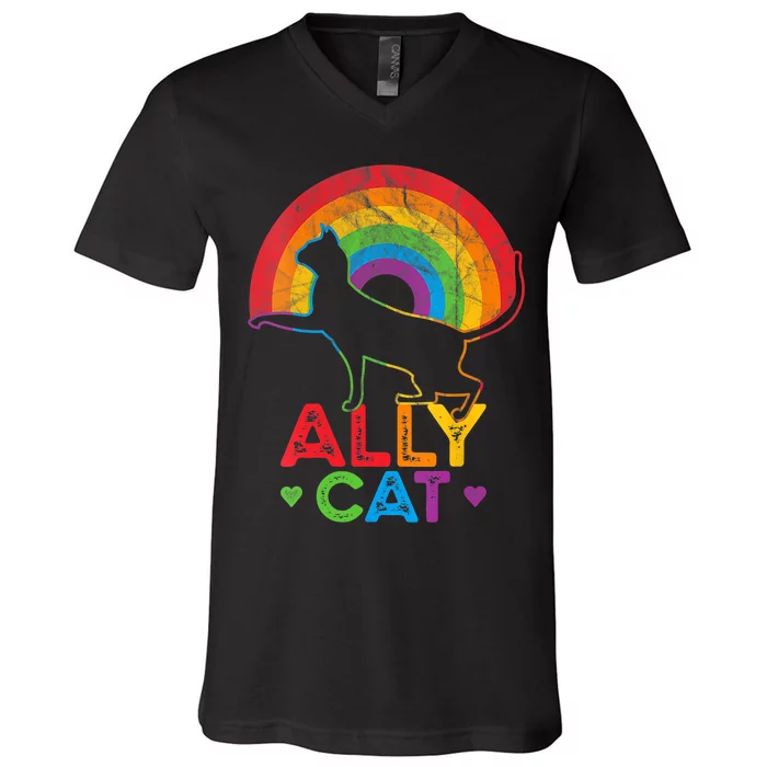 Ally Cat LGBT Pride Ally Cat With Rainbow V-Neck T-Shirt