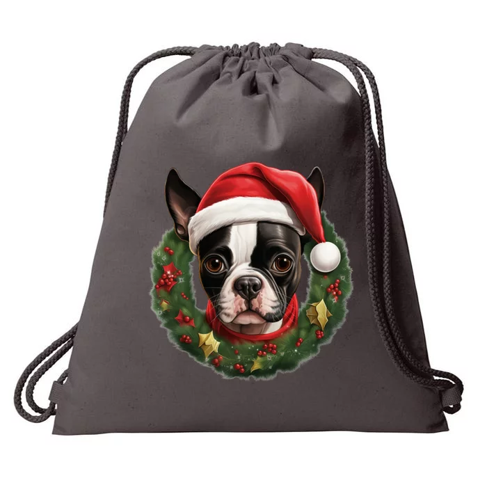 Amazing Christmas Light Xmas Santa Ho Dog Boston Terrier Gift Drawstring Bag