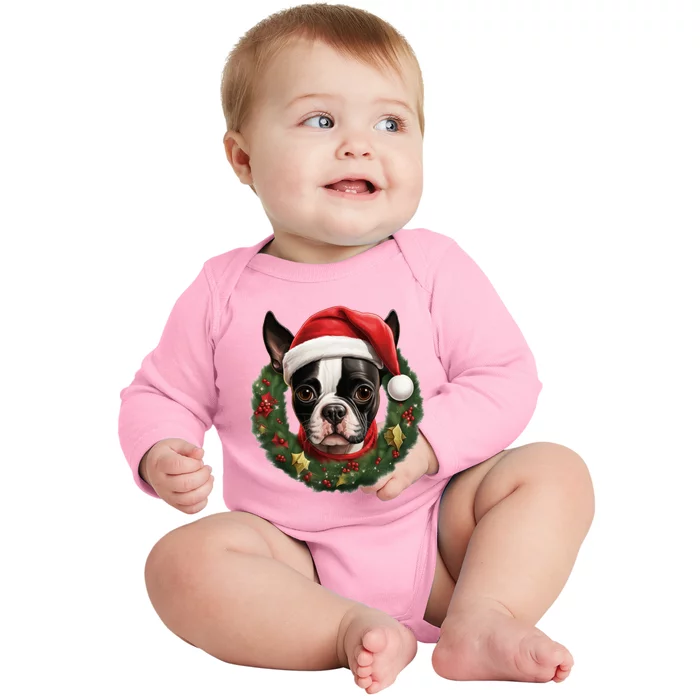 Amazing Christmas Light Xmas Santa Ho Dog Boston Terrier Gift Baby Long Sleeve Bodysuit