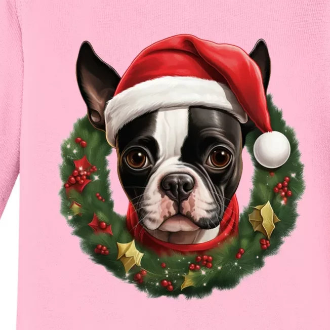 Amazing Christmas Light Xmas Santa Ho Dog Boston Terrier Gift Baby Long Sleeve Bodysuit