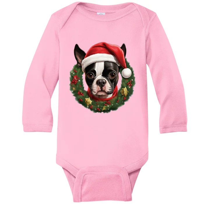 Amazing Christmas Light Xmas Santa Ho Dog Boston Terrier Gift Baby Long Sleeve Bodysuit