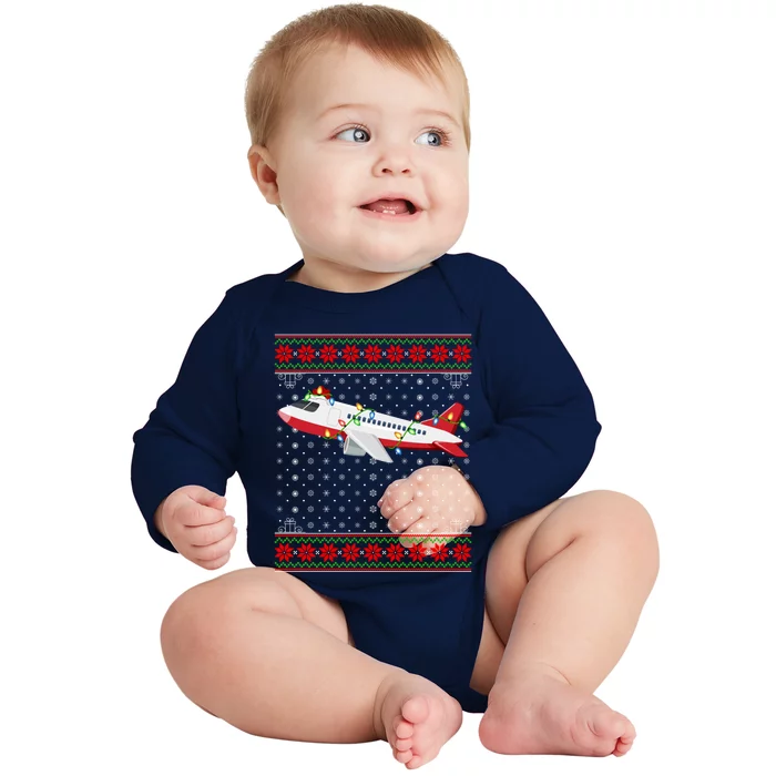 Airplane Christmas Lights Ugly Sweater Santa Airplane Xmas Cute Gift Baby Long Sleeve Bodysuit