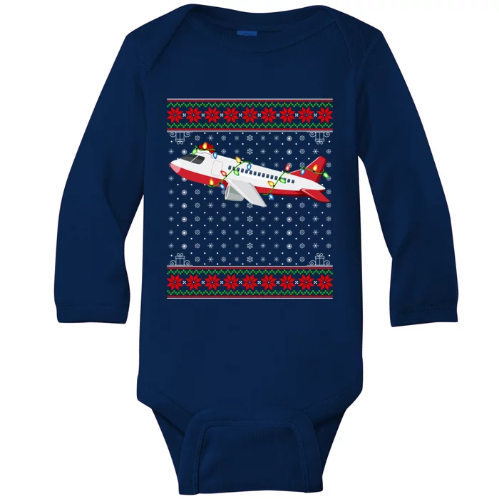 Airplane Christmas Lights Ugly Sweater Santa Airplane Xmas Cute Gift Baby Long Sleeve Bodysuit