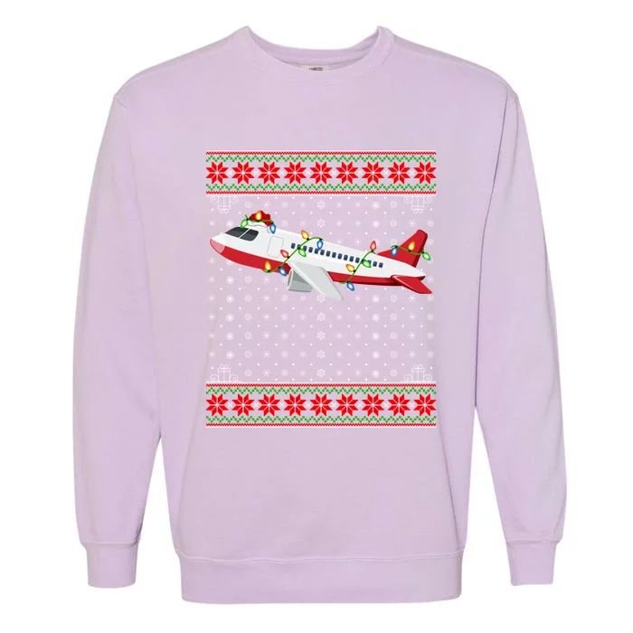 Airplane Christmas Lights Ugly Sweater Santa Airplane Xmas Gift Garment-Dyed Sweatshirt