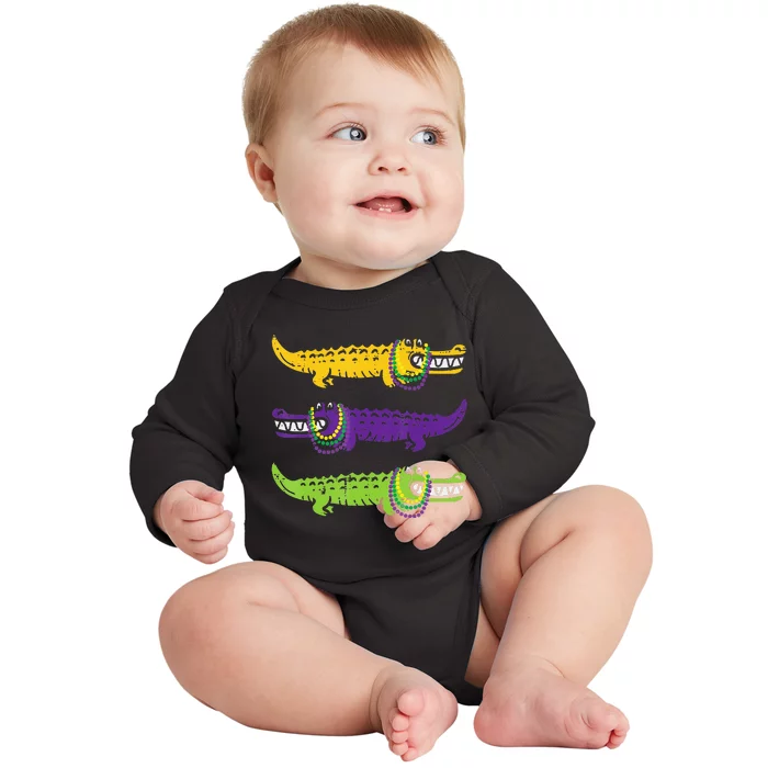 Aligator Crocodiles Louisiana funny Mardi Gras Baby Long Sleeve Bodysuit