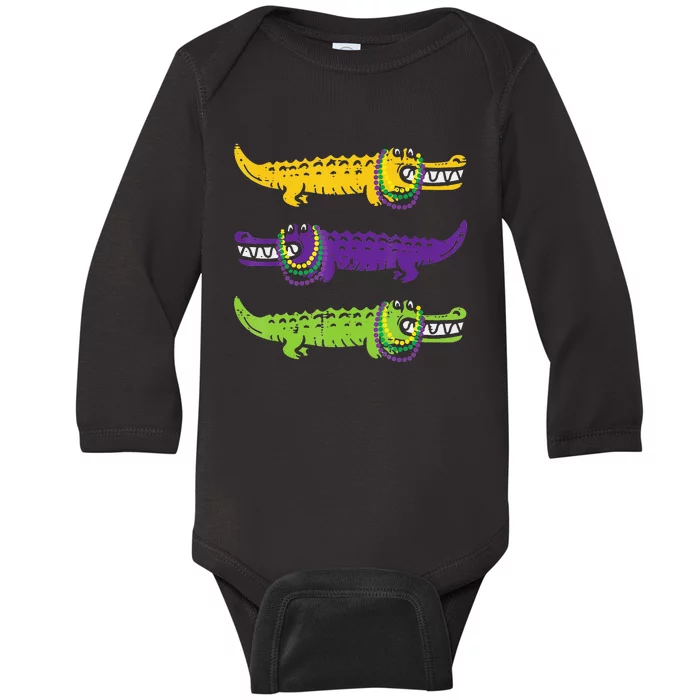 Aligator Crocodiles Louisiana funny Mardi Gras Baby Long Sleeve Bodysuit