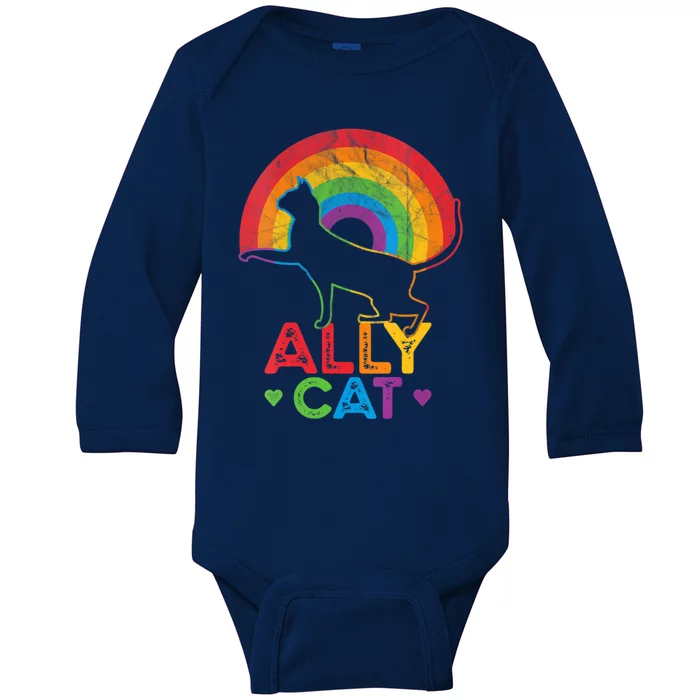 Ally Cat Lgbt Pride Ally Cat With Rainbow Gift Baby Long Sleeve Bodysuit