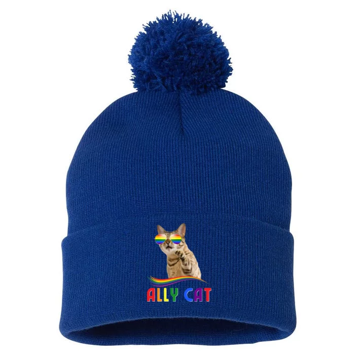 Ally Cat Lgbtq+ Pride Cat With Rainbow Sunglasses Gift Pom Pom 12in Knit Beanie