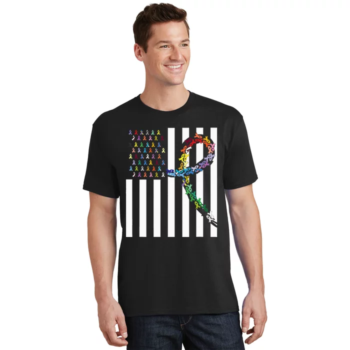 All Cancer Matters Awareness USA Flag All Ribbons T-Shirt