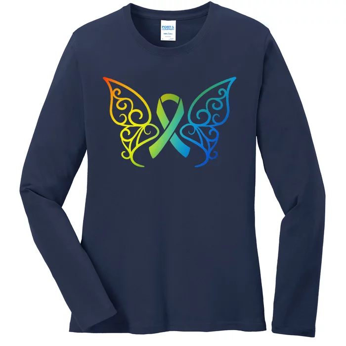 All Cancer Matters Awareness Butterfly All Ribbons Ladies Long Sleeve Shirt