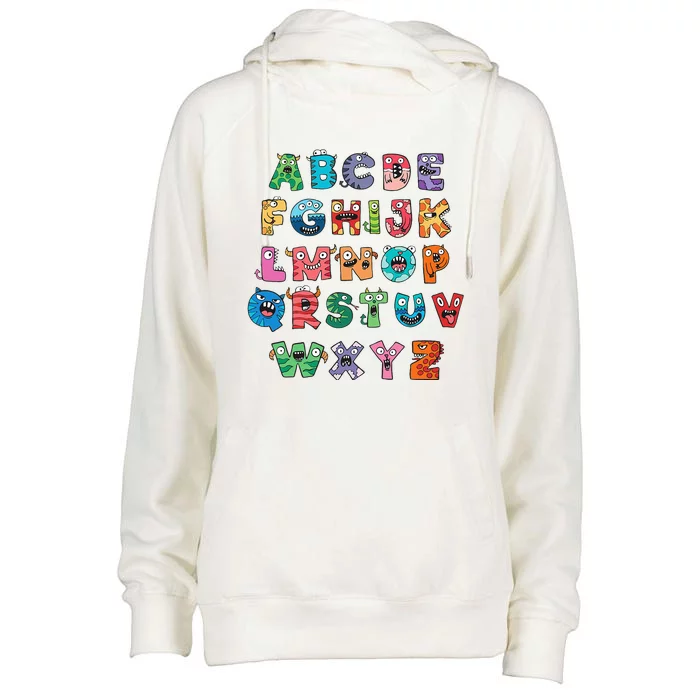 ABC Cute Monster Alphabet Halloween Teacher Costume Womens Funnel Neck Pullover Hood