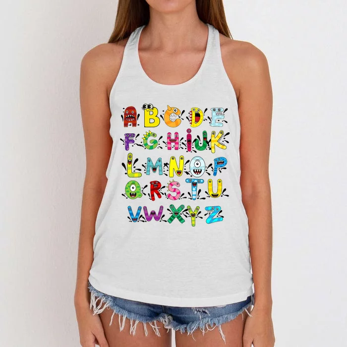 Abc Cute Monster Alphabet Halloween Teacher Costume Women's Knotted Racerback Tank