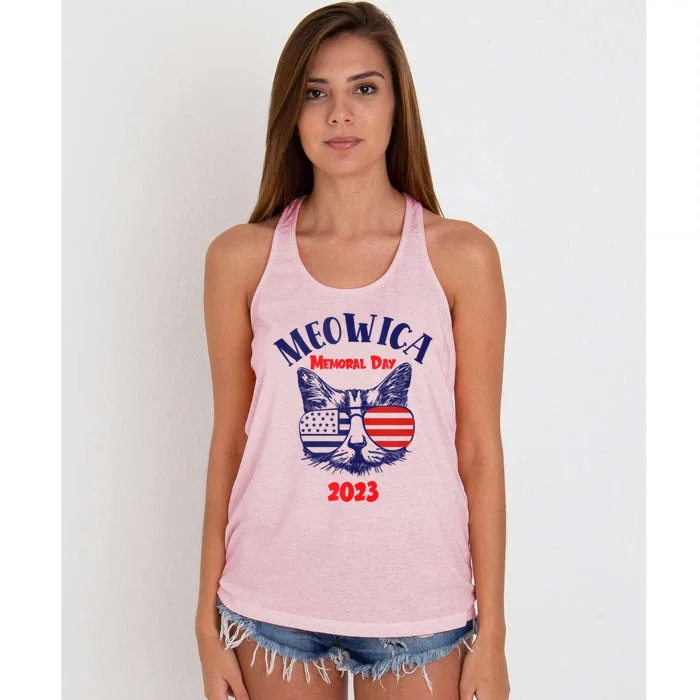 America Cat Memorial Day Design Gift Women's Knotted Racerback Tank