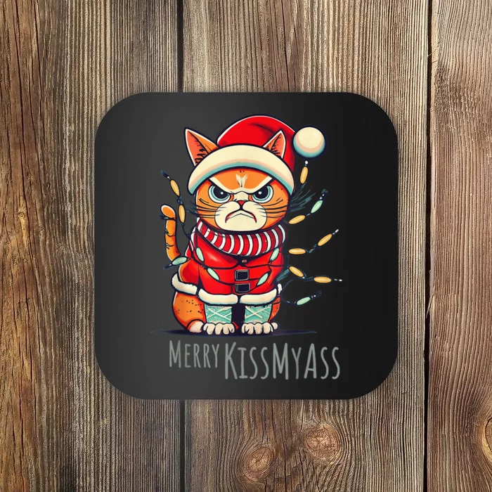 Angry Cat Merry Kissmyass Chritsmas Pajamas Funny Catmas Coaster