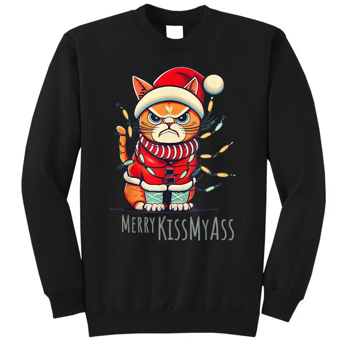 Angry Cat Merry Kissmyass Chritsmas Pajamas Funny Catmas Tall Sweatshirt