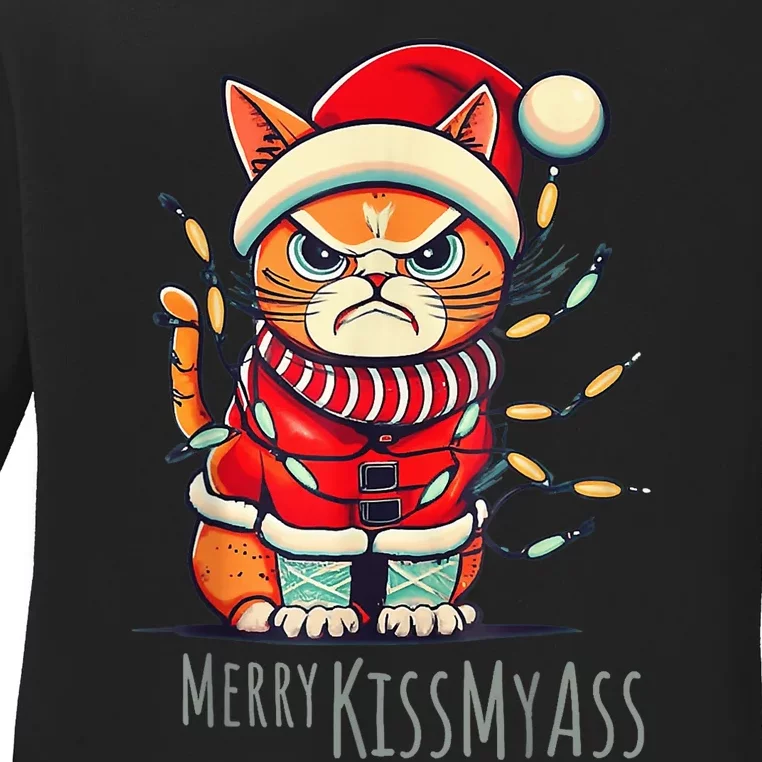 Angry Cat Merry Kissmyass Chritsmas Pajamas Funny Catmas Ladies Long Sleeve Shirt