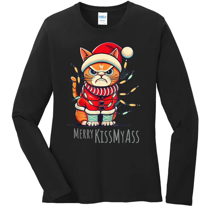 Angry Cat Merry Kissmyass Chritsmas Pajamas Funny Catmas Ladies Long Sleeve Shirt