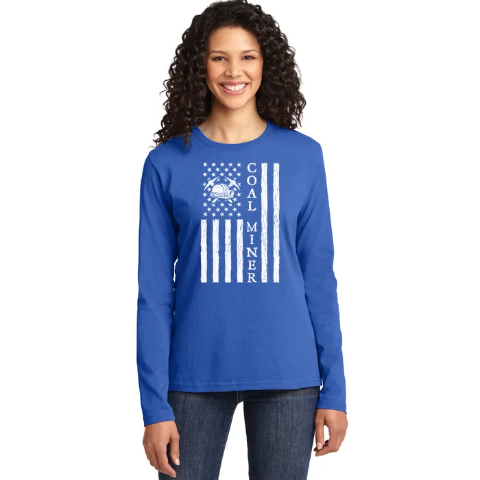 American Coal Miner Usa Flag Funny Mining Miner Gift Ladies Long Sleeve Shirt