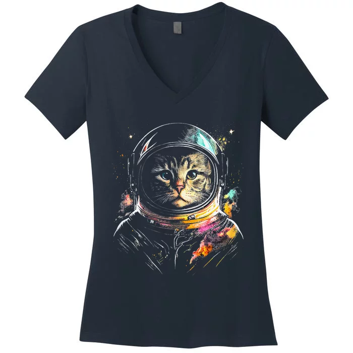 Astronaut Cat Or Funny Space Cat On Galaxy Cat Lover Day Women's V-Neck T-Shirt