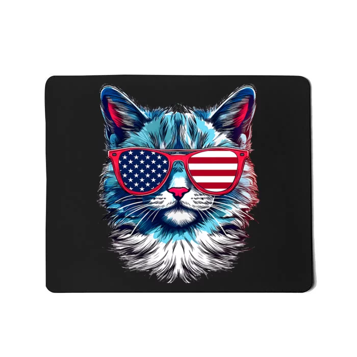 American Cat Patriotic Sunglasses Usa Flag 4th Of July Cat Graphic Mousepad