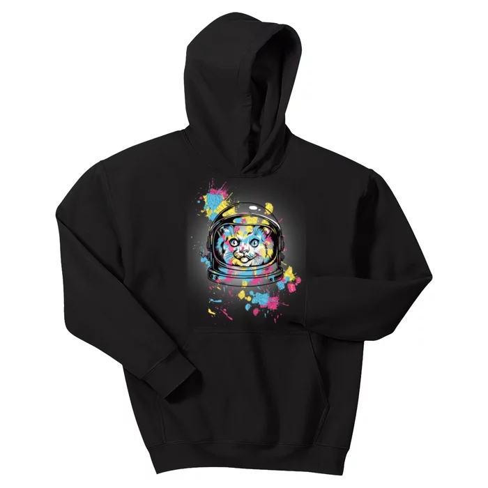 Astronaut Cat Paint Splatter Colorful Design Kids Hoodie