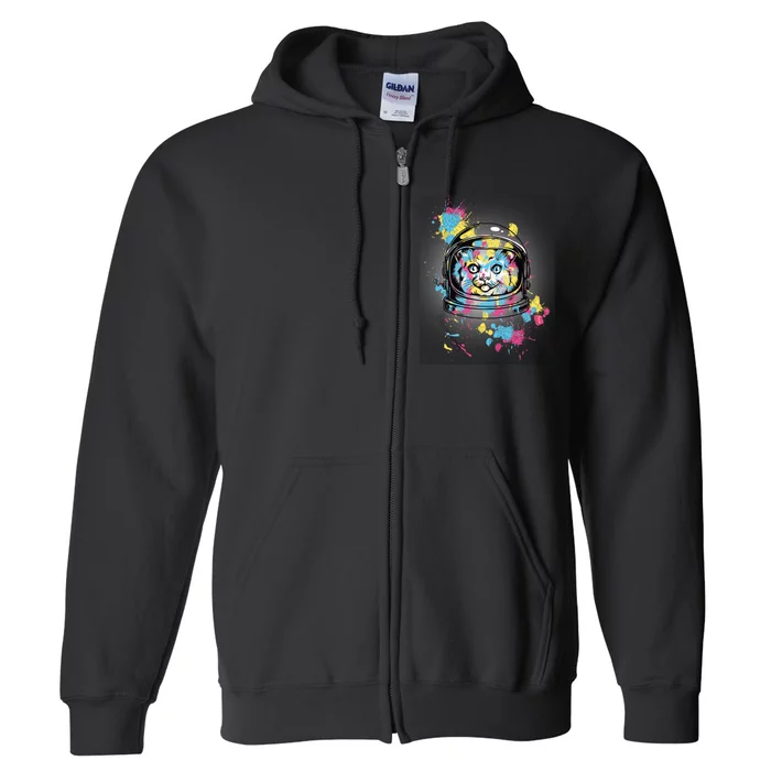 Astronaut Cat Paint Splatter Colorful Design Full Zip Hoodie