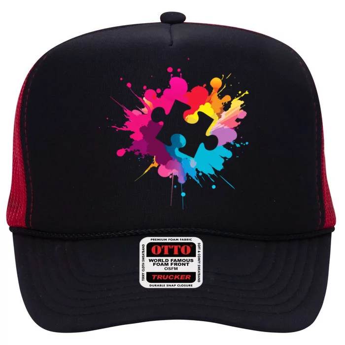 Autism Colorful Puzzle Piece High Crown Mesh Trucker Hat