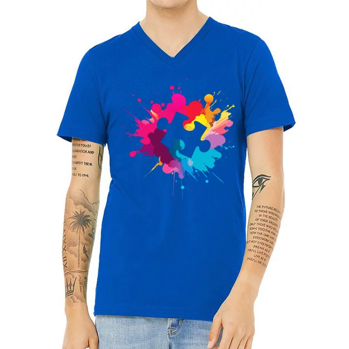 Autism Colorful Puzzle Piece V-Neck T-Shirt