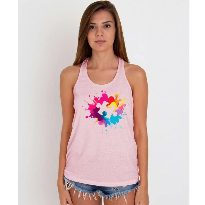 Autism Colorful Puzzle Piece Women's Knotted Racerback Tank