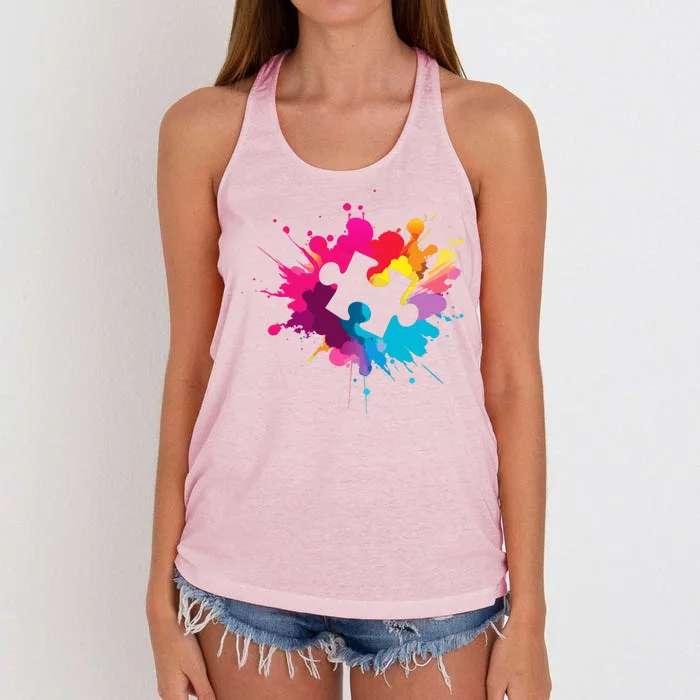 Autism Colorful Puzzle Piece Women's Knotted Racerback Tank