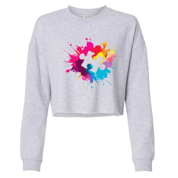 Autism Colorful Puzzle Piece Cropped Pullover Crew