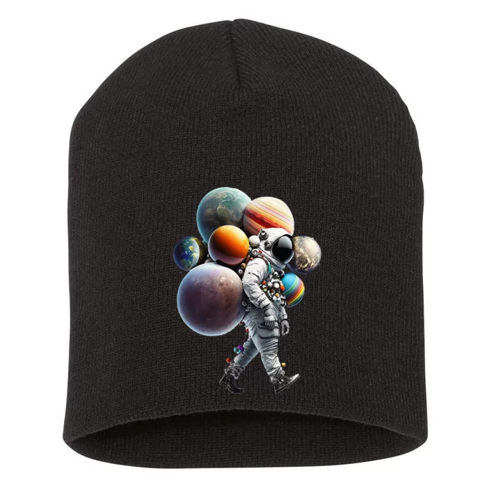 Astronaut carrying Planets and Moons in Space Short Acrylic Beanie