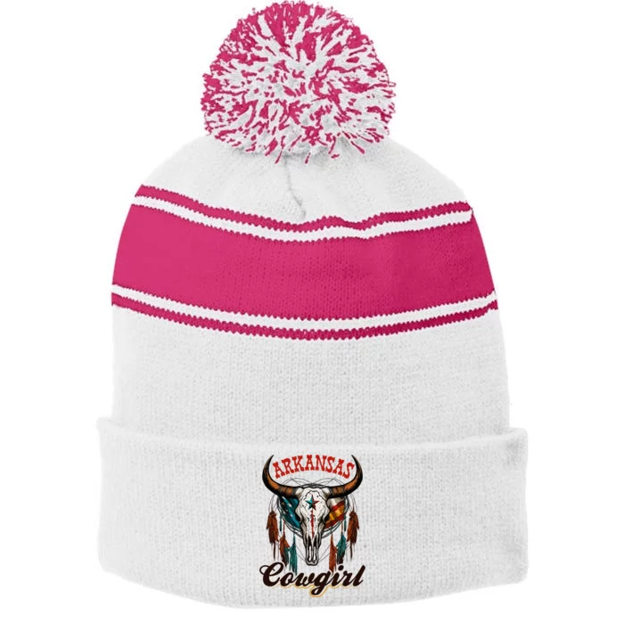 Arkansas Cowgirl Rodeo Western Country Longhorn Skull Stripe Pom Pom Beanie