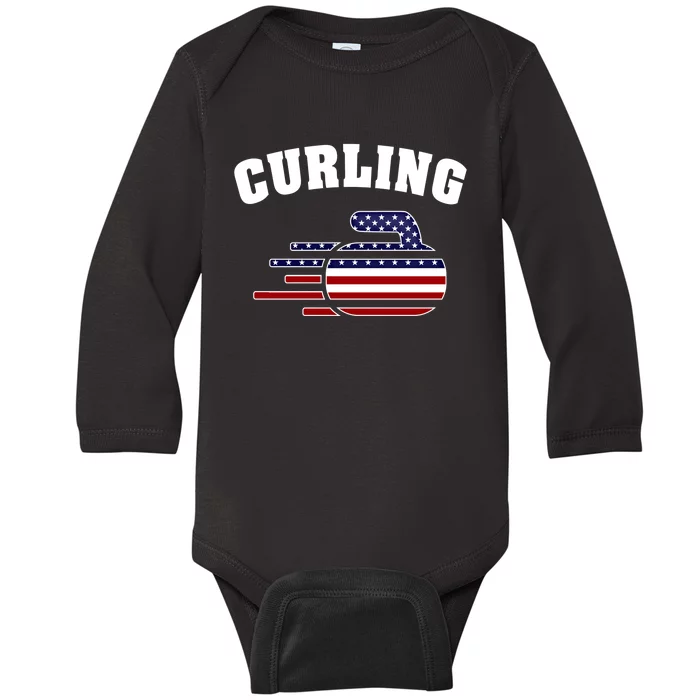 America Curling Rock American Curlers Usa Flag Winter Sports Gift Baby Long Sleeve Bodysuit