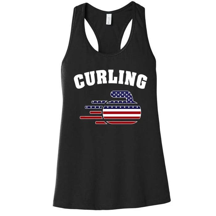 America Curling Rock American Curlers Usa Flag Winter Sports Gift Women's Racerback Tank