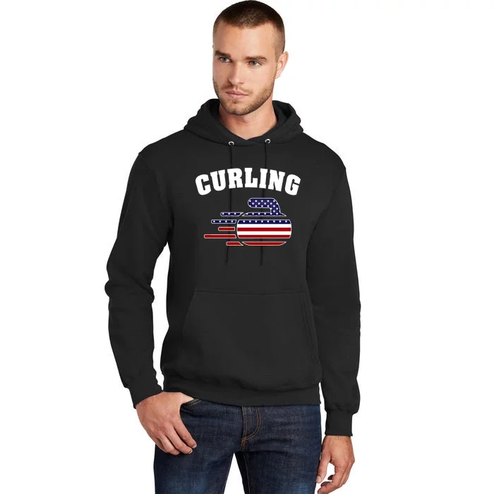 America Curling Rock American Curlers Usa Flag Winter Sports Gift Tall Hoodie