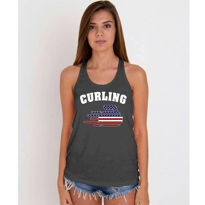 America Curling Rock American Curlers Usa Flag Winter Sports Gift Women's Knotted Racerback Tank