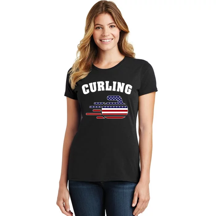 America Curling Rock American Curlers Usa Flag Winter Sports Gift Women's T-Shirt