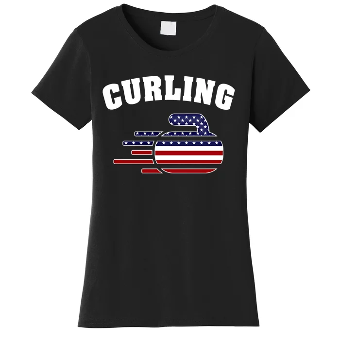 America Curling Rock American Curlers Usa Flag Winter Sports Gift Women's T-Shirt