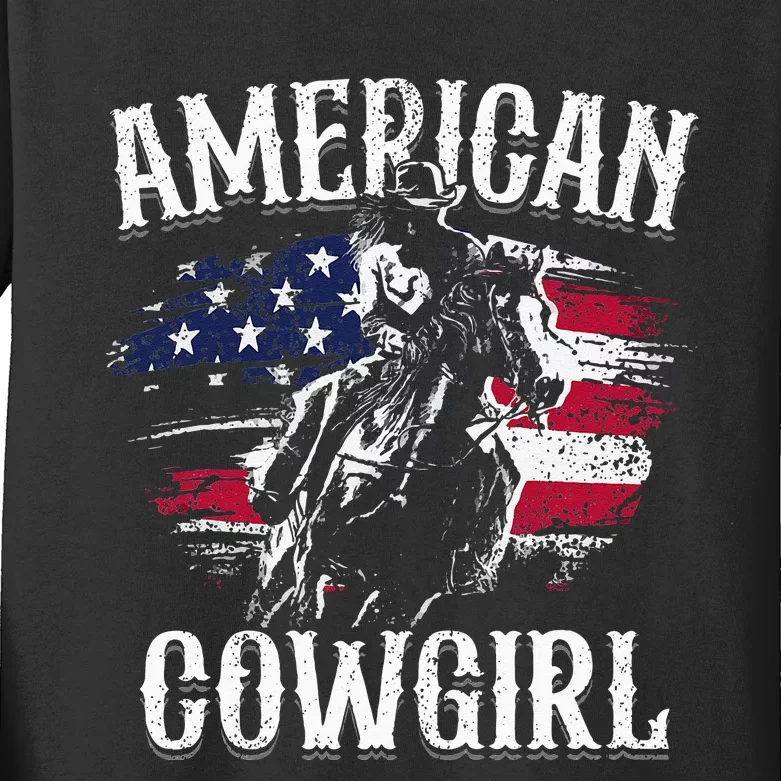 American Cow Rodeo Barrel Racing Horse Riding Gift Kids Long Sleeve Shirt