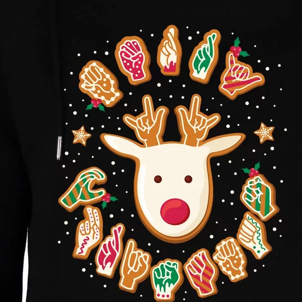 Asl Christmas Reindeer American Sign Language Gingerbread Long Sleeve Womens Funnel Neck Pullover Hood