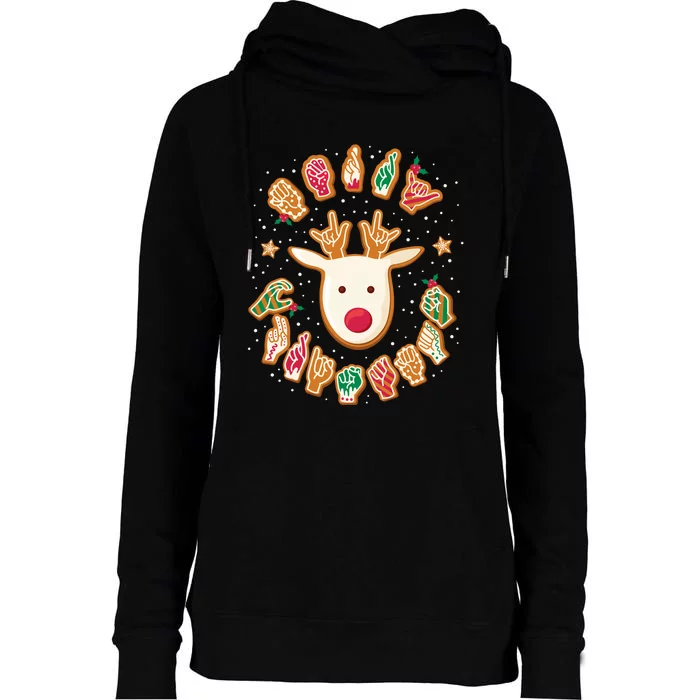 Asl Christmas Reindeer American Sign Language Gingerbread Long Sleeve Womens Funnel Neck Pullover Hood