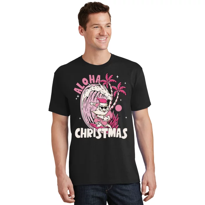 Aloha Christmas Retro Pink Santa Surfing Mele Kalikimaka T-Shirt