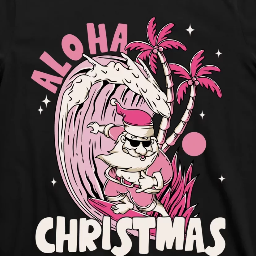 Aloha Christmas Retro Pink Santa Surfing Mele Kalikimaka T-Shirt