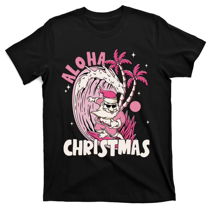 Aloha Christmas Retro Pink Santa Surfing Mele Kalikimaka T-Shirt